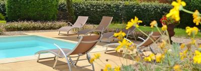 Piscine bordée de chaises longues avec vue sur la montagne